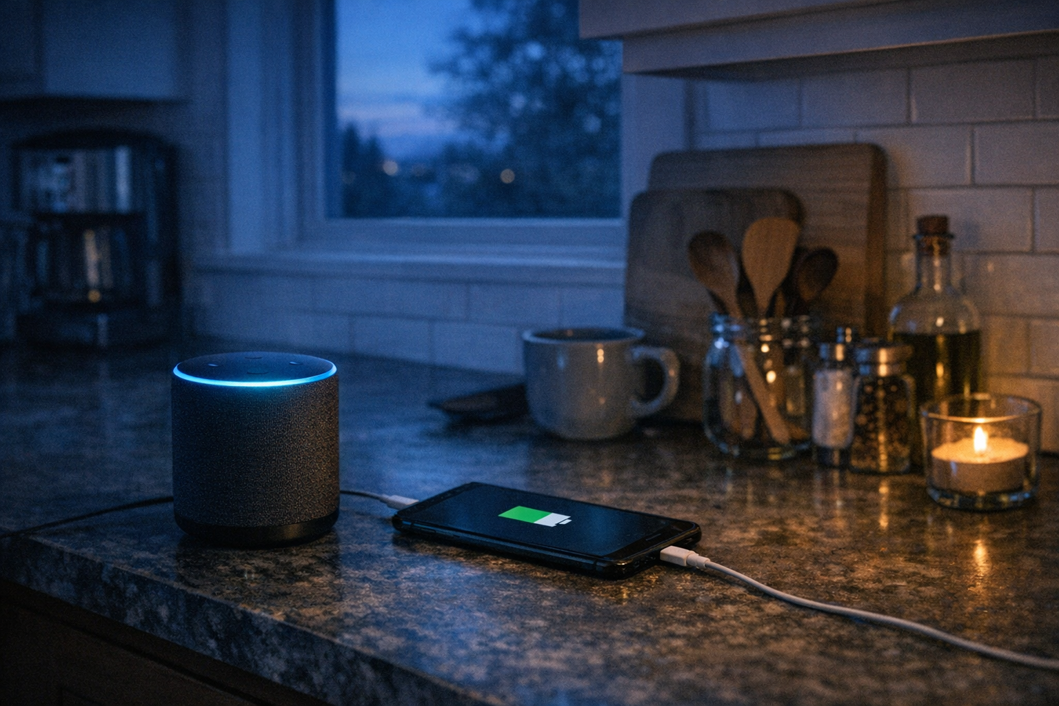 Quiet home tech at evening blue hour