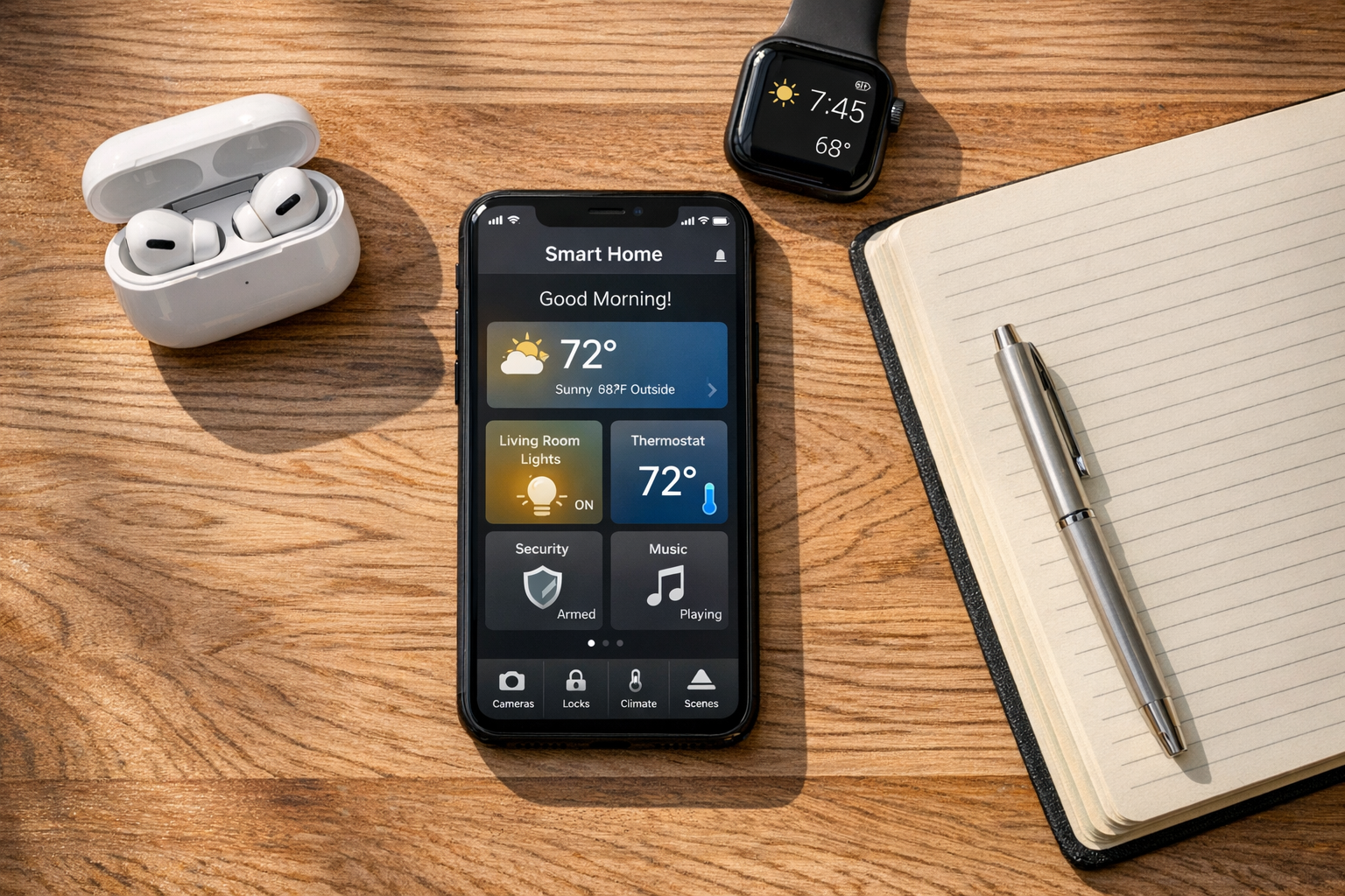 Overhead view of devices showing smart features