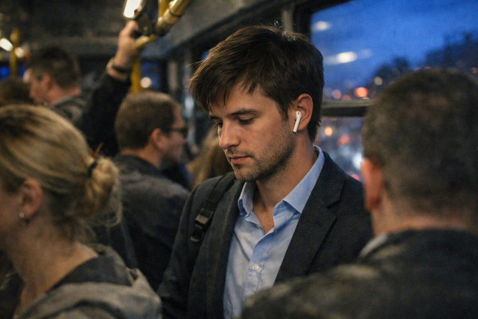 Person using earbuds during a bus commute