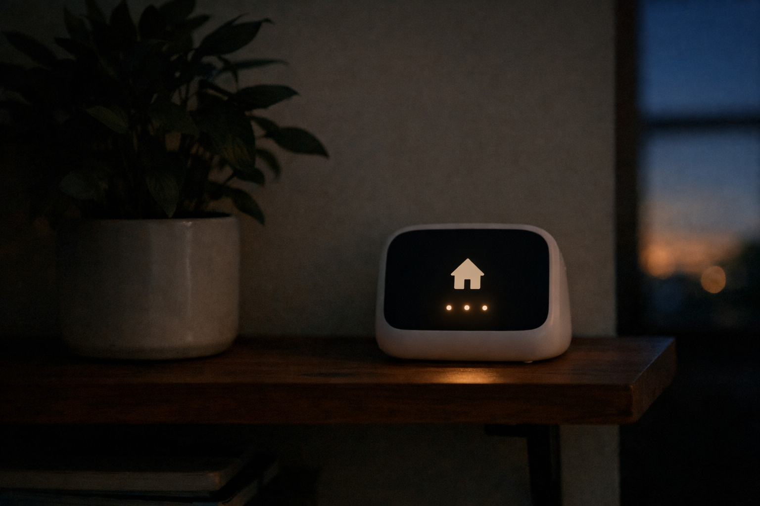 Minimal home hub with a small status light at dusk