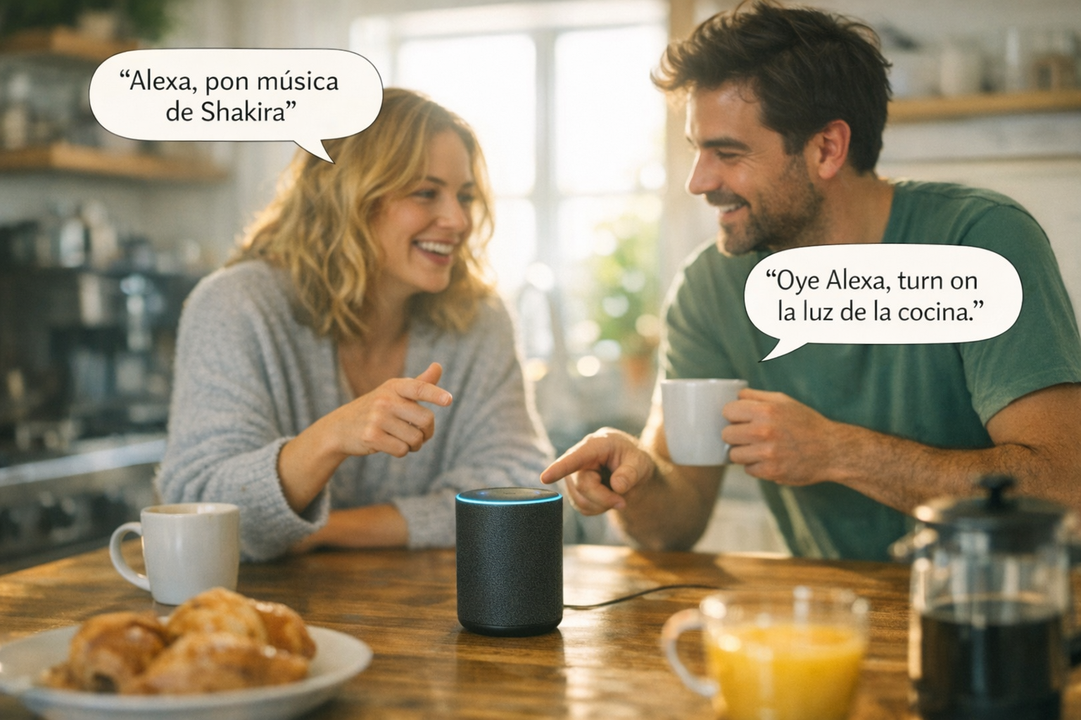 Two people using multilingual voice commands