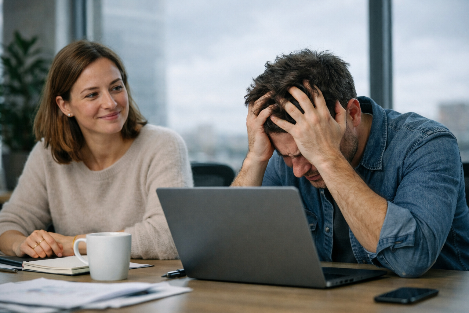 Calm and frustrated users at a laptop