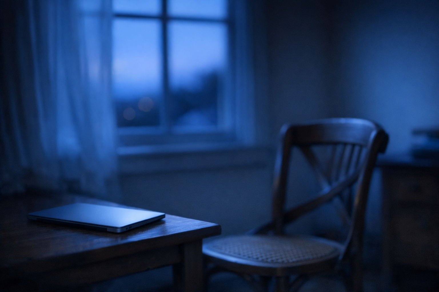 Quiet room with closed laptop at blue hour
