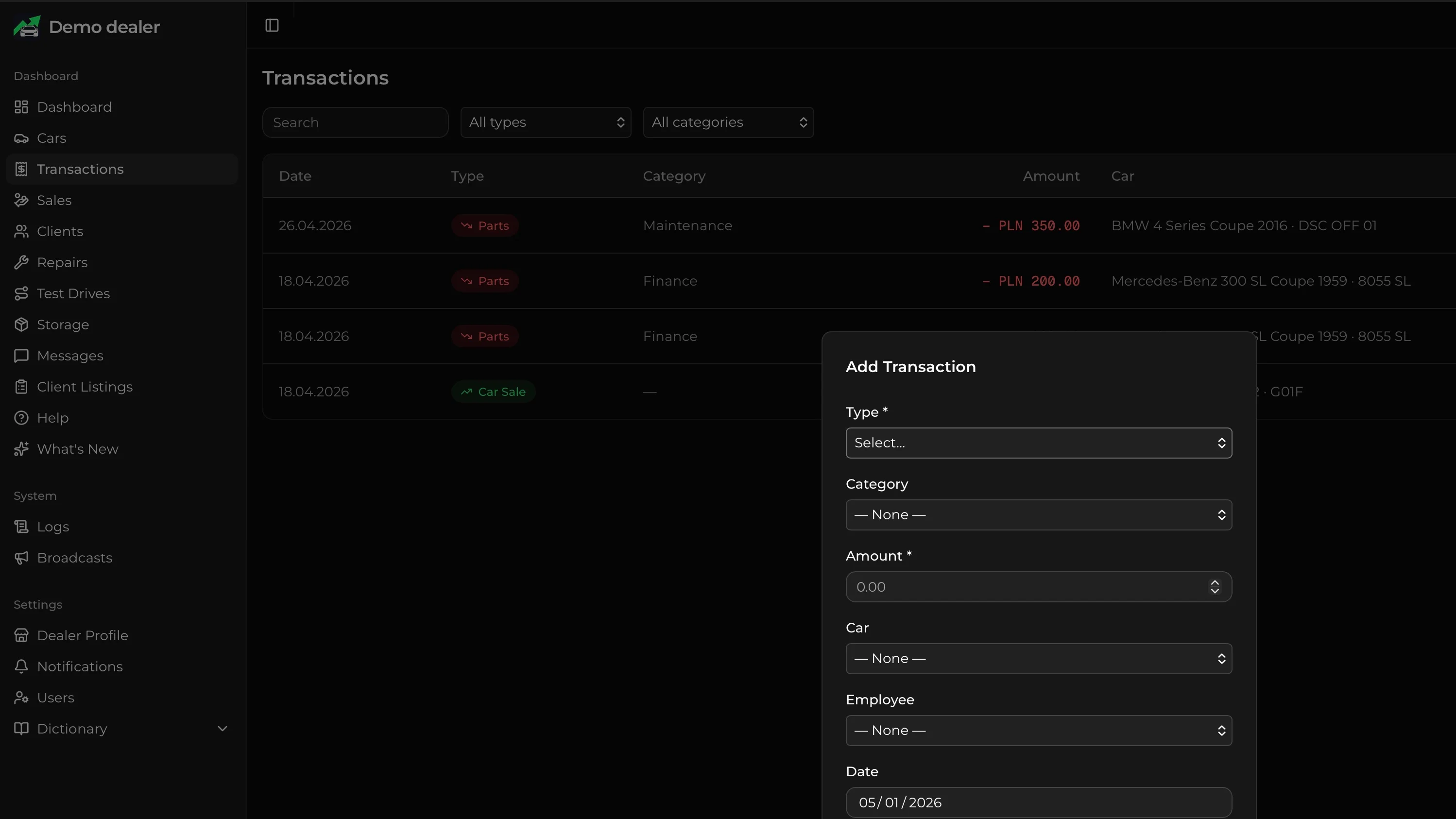 CarCRM transaction form