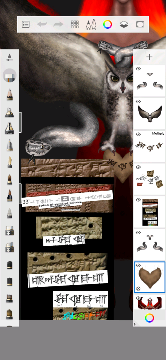 Another screenshot of Sketchbook, this time revealing yet another reference picture, which is itself a collage with several different fragments across Mesopotamian tablets and archaeological Lineart with the cuneiforms seen in those fragments, with all the fragments having been photoshopped and cut to the the same sequence of cuneiforms across them all, eresh + ki + gal.