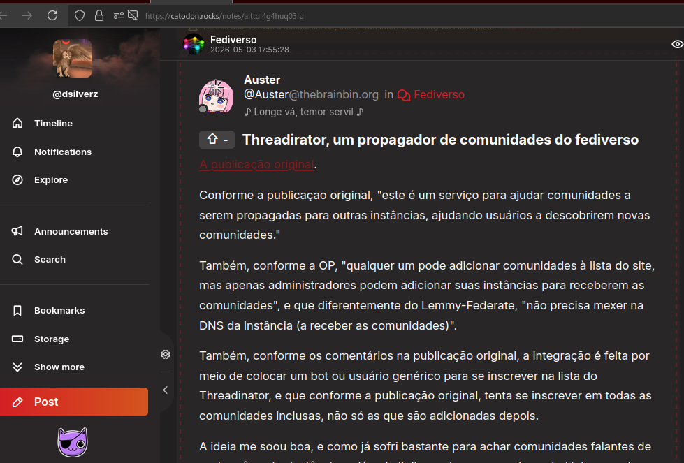 Passo 3: a postagem foi então puxada automaticamente pela instância, no meu caso, como uma nota do Misskey (aqui do lado do Misskey, postagens e comentários são chamados de "notas").
