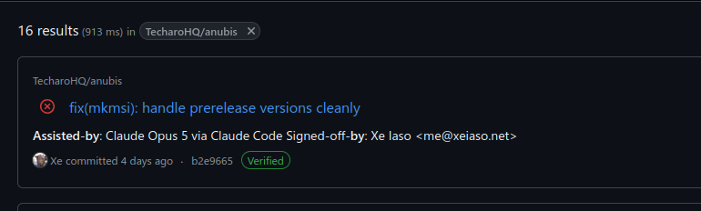 One of the commits from Xe Iaso for techarohq/Anubis, "Assisted-by" an AI (Claude Opus). There are 15 other commits with an "Assisted-by" tag.