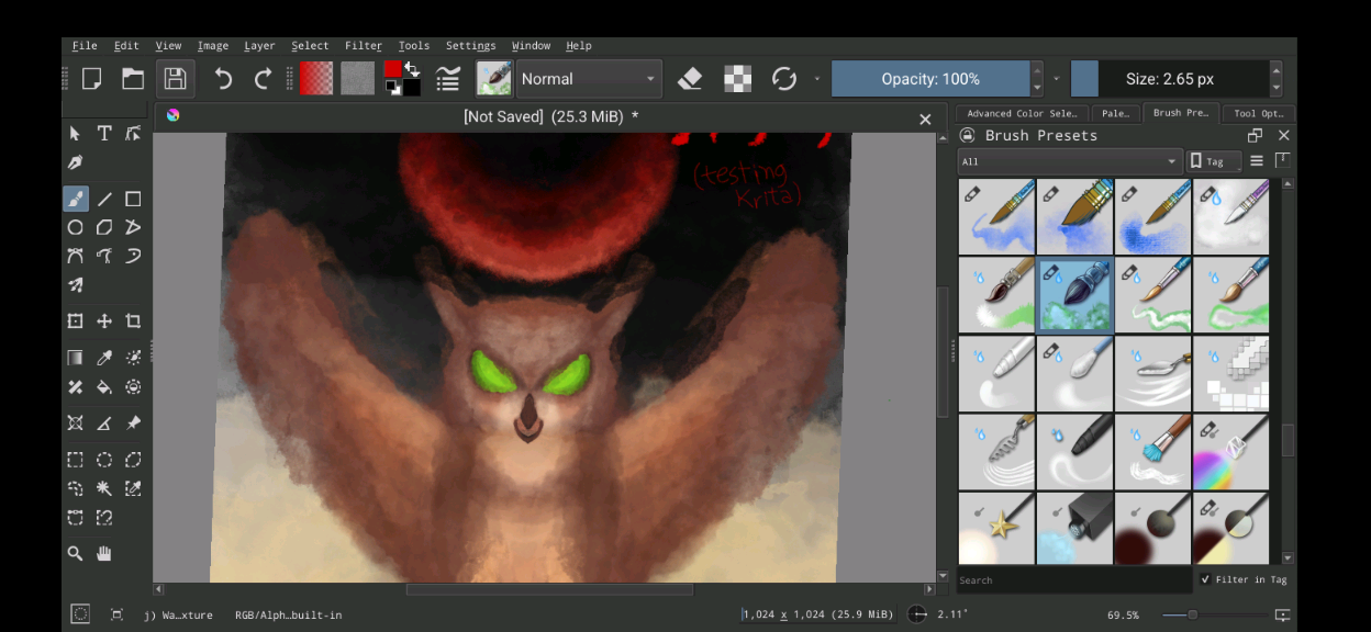 Another screenshot of Krita, this time showing the "Brushes" dock with many unlabeled brushes.