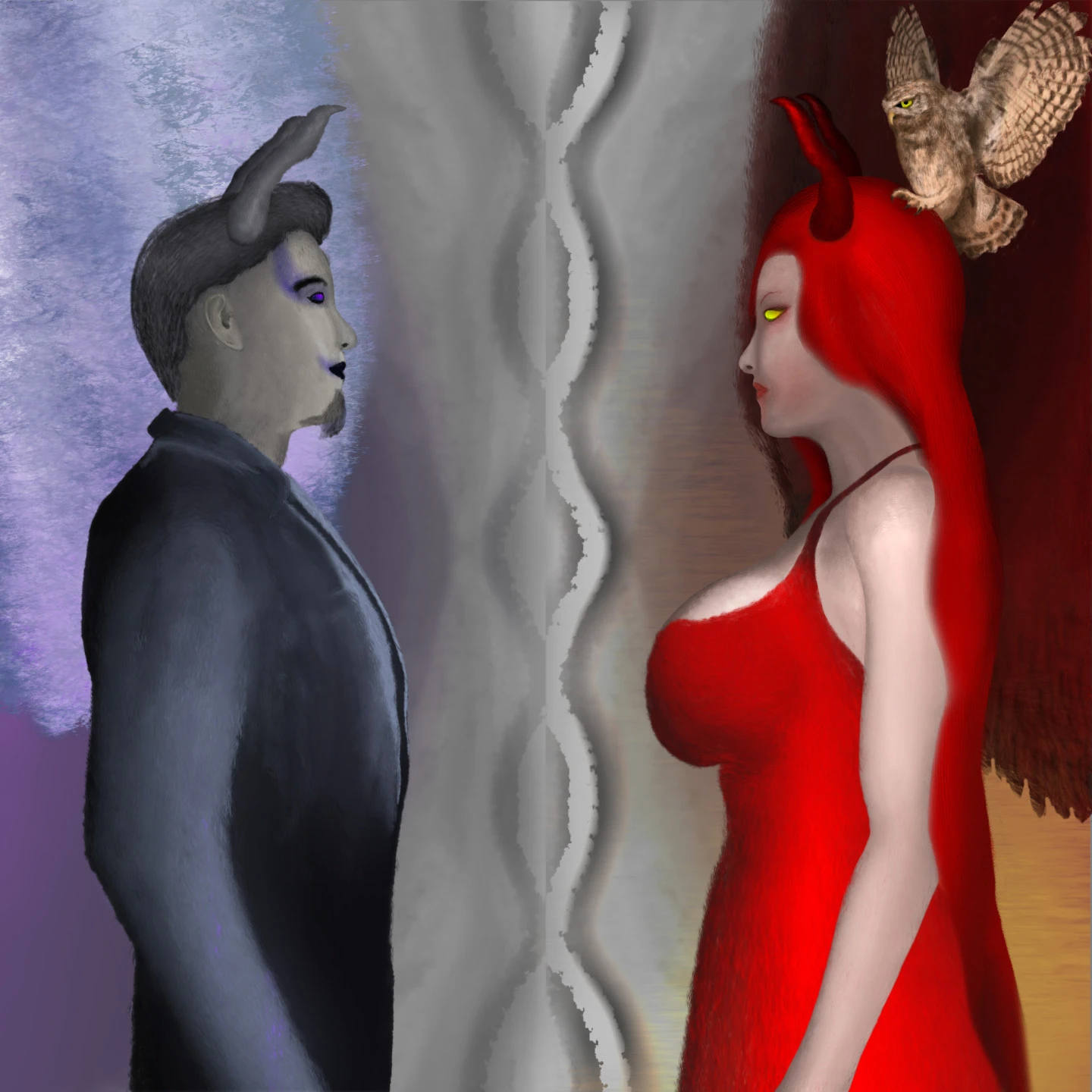 Digital drawing made back in March, featuring practically the same scene as picture 1, except Lilith has a more calmer expression and an Athene noctua (Little-Owl) perched atop Her head, Lucifer has a dark hair and a slightly gray skin, and both are split by a gray helix cutting through the exact vertical center. Also, they're standing in different landscapes: Lucifer on a glacier, Lilith on a Sahara-like desert, and the helix on a glossy gray backdrop. My original drawing had Lilith at the left side of the scene, so I mirrored the image to better match my new 3D scene in which I ended up placing Lucifer at the left side.