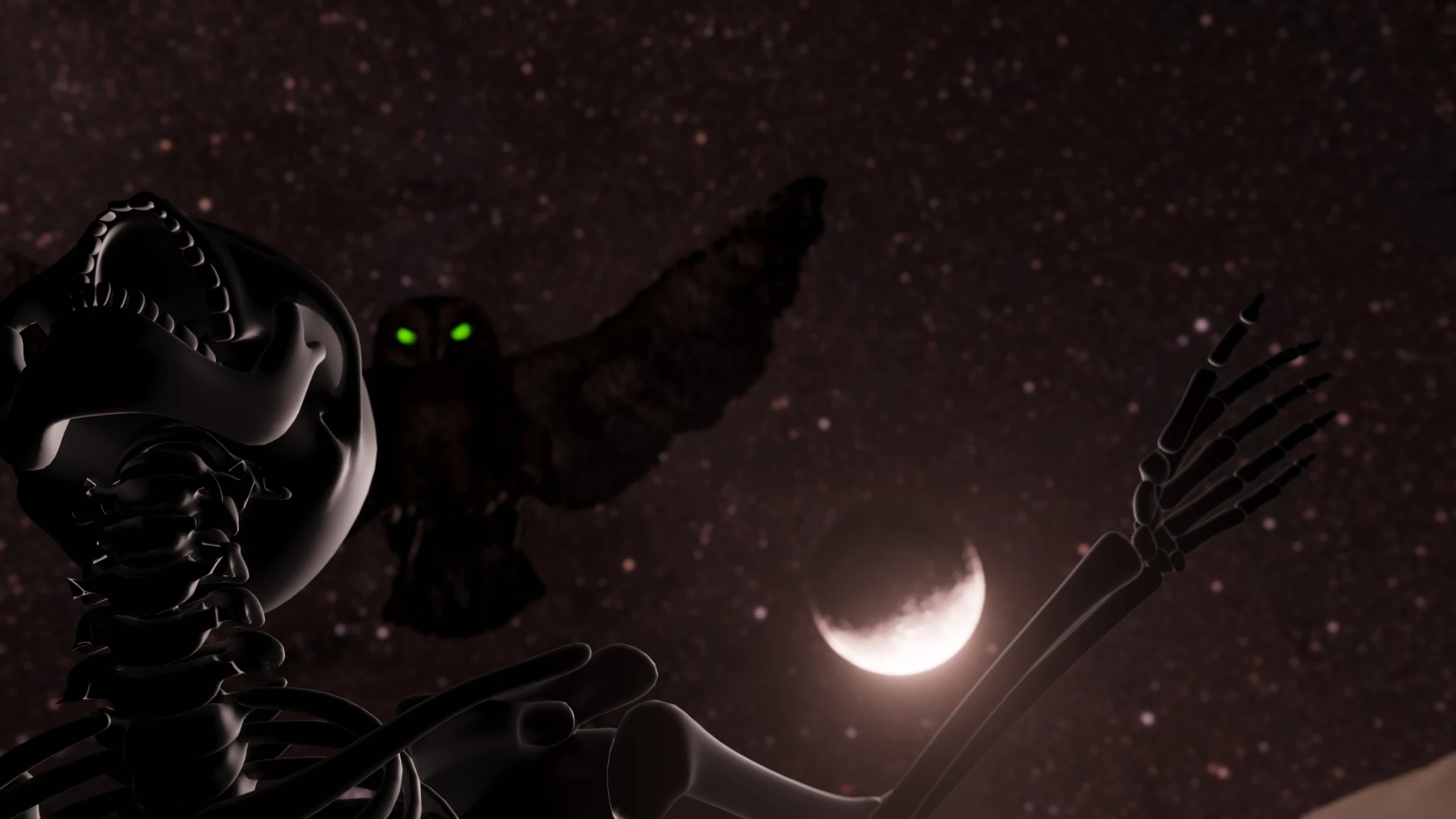 Another viewing angle from the earlier scene, seen from the skeleton's own left shoulder (our right side when looking at the skeleton). Through this perspective, the owl's talons are visible extended towards the skeleton as if the skeleton were her prey (spoiler: they are). It's also possible to see how the skeleton is screaming with head tilted up due to the inertia of them being pushed/flung. The camera is slightly tilted roll-wise so to add to the cinematics.