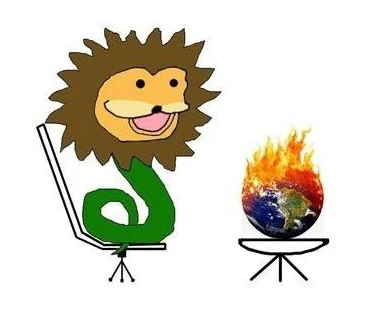 Meme version of Yaldabaoth (Demiurge, the creator god believed as a tyrant in Gnosticism) happily watching the world burning.