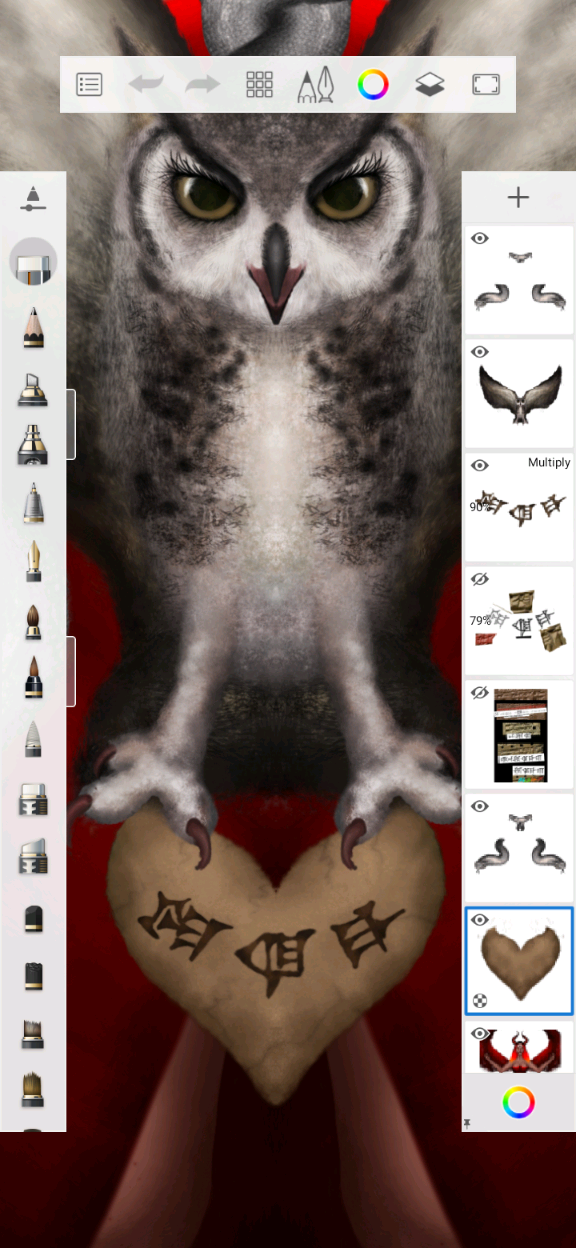 Another screenshot of Sketchbook app, this one being a close-up on the owl and the heart-shaped claw tablet she's carrying.