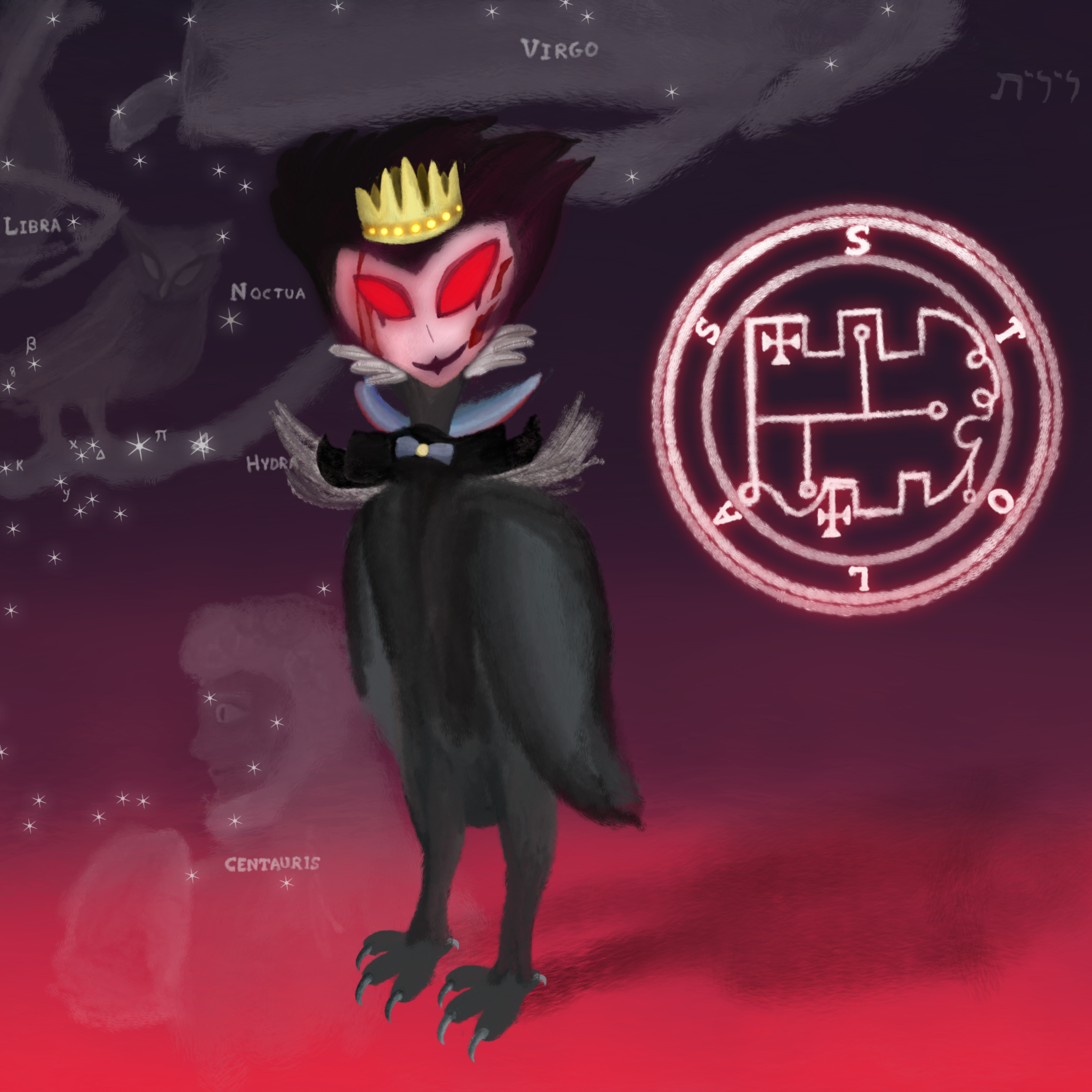 The final art featuring Stolas as a long-legged owl (with raven-like plumage, hence a chimæra) with a crown (as he's a prince) and regal clothes alongside the traits found on Helluva Boss' homologous character (pink heart-shaped face, pointy chin, large red eyes and voluminous dark hair). To his right side, the actual Sigil of Stolas, as seen in Ars Goetia. At the background, a dusk setting with cellestial constellation art centered on the nowadays-unrecognized constellation of Noctua.