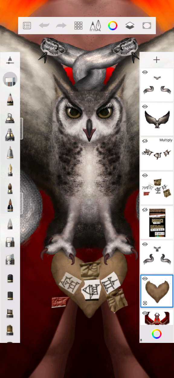 Another screenshot of Sketchbook also closing on the owl, but now one of the reference photos are visible, with the reference cuneiforms overlaying the drawing and positioned exactly along the heart's inner arc.