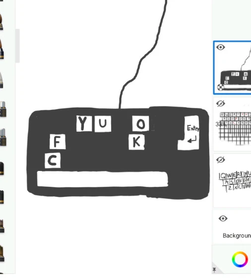 Screenshot of Sketchbook app featuring my doodle of a qwerty-like keyboard with just the keys Y, U, O, enter, F, K, C and spacebar. The hidden layers revealed by Sketchbook's GUI disclose my initial attempt to make a precise key grid for all QWERTY keys.