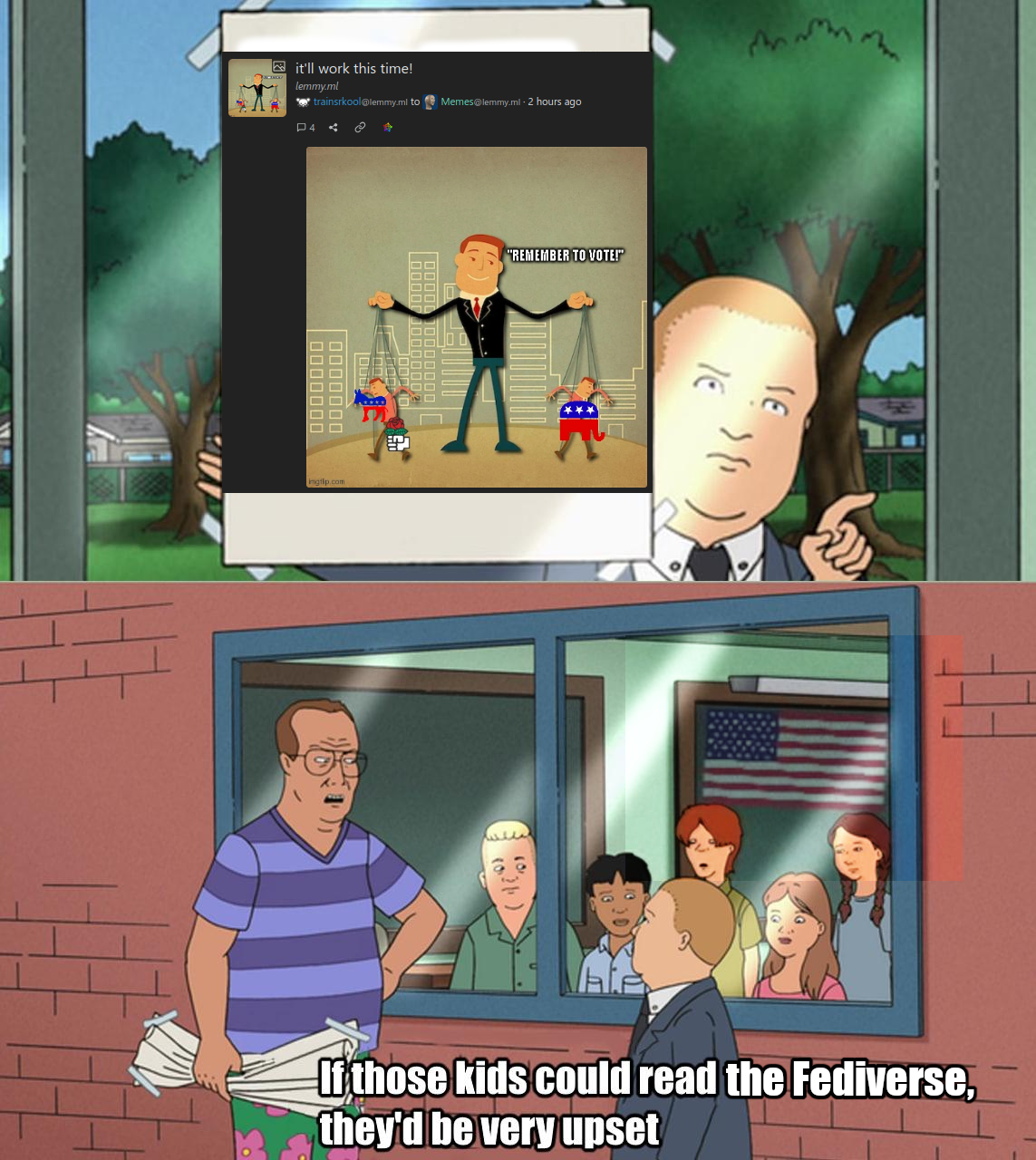 Meme "If those kids could read" but sligtly changed: panel 1 shows the screenshot of this very thread as seen from Lemmy UI, panel 2 has the text "If those kids could read the Fediverse, they'd be very upset", and the USian flag is seen inside the classroom.