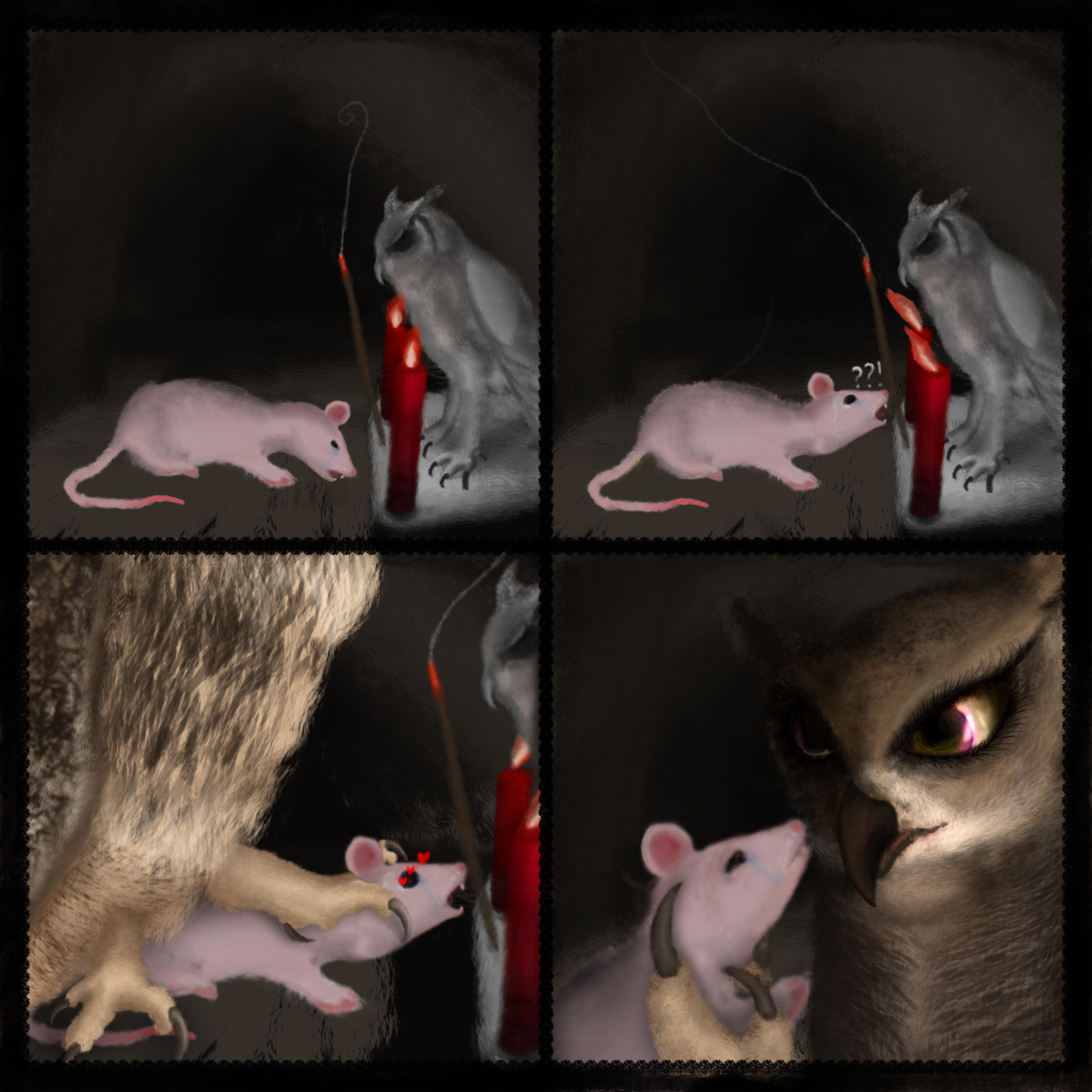 Panel 1: inside a dark and wild stone cave, a pink rat is downcast before a shrine containing a statue of a great horned owl flanked by two lit red candle sticks, and a lit incense stick before the statue. The incense smoke raises vertically, ending in a spiral-like tail. The rat is slightly crying, his mouth slightly opened as if saying something.
Panel 2: still recoiled before the shrine, the rat looks startled at the owl statue's face as both the incense smoke and the candles flames are suddenly pulled to the background of the cave, as if being sucked by some vacuum afar. There's a "??!" overlay next to the rat's head, and the rat is sweating.
Panel 3: the scene zooms slightly into the rat. While he's still recoiled before the shrine, with the owl statue still before him, he's suddenly caught by an actual, larger great horned owl, who restrains the rat with one foot at the top of his neck, the talons visible around his ear, and another foot to the other side of the rat, next to his thigh and tail, and the owl's belly above the rat's lower back. The rat expresses fear while simultaneously expressing some unexpected affection, with heart shapes overlaying his fully-startled eyes and his tongue further recoiled to inside his mouth as if gasping.
Panel 4: scene cuts to a close-up of the rat's and the owl's faces, both staring at each other. The rat has a pleading expression and pouting closed mouth as if he wants to kiss. The owl, holding up the rat, is revealed to have an uncanny face, with most of the typical appearance of a dark brown Great Horned Owl, except the owl's eyelids have prominent yet tender, human-like (womanly) eyelashes, slightly red lips (although the lip contours are those of a Bubo owl, and the red doubles as subtle blood leftover from a recent carnivore diet), pale yellow eyes with green tapetum lucidum inside the pupils and a purplish glow at the contour of the pupils. Both the owl's and the rat's eyes are reflecting the image from the lit candle at the shrine, as well as a faint silhouette of the owl statue there. The owl's expression is calm yet deeply serious, looking at the rat.