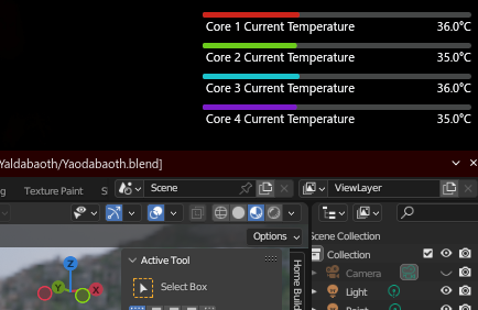 Screenshot of my KDE desktop showing the temp widget above a Blender window.