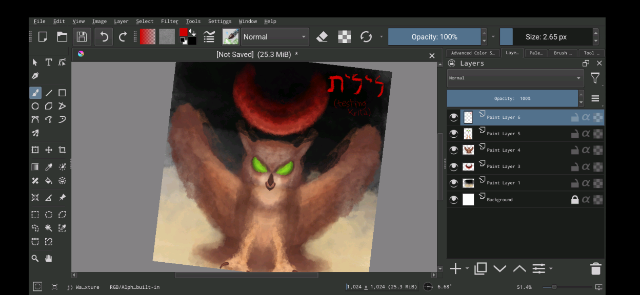 Screenshot of Krita in landscape mode, showing the earlier drawing with the canvas slightly rotated, and all the layers I used for organizing the drawing (from front to bottom: handwritten text, beak+eyes+legs+talons, owl body + wings, crescent Moon, black sky + desert sand, as well as a default blank background layer which is blank).