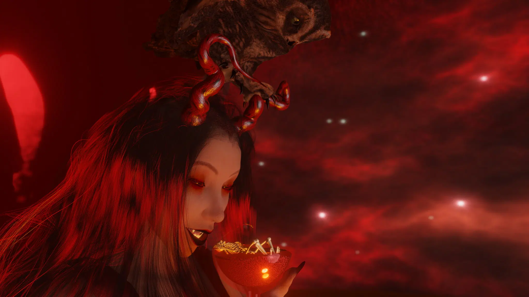 A high-res 3D rendering of a scene where Lilith (in this scene, depicted as a peach-skinned woman with long and straight black-to-red hair, short crimson Aries-like horns, long nails with dark red polishing, heavy eye makeup with red eyeshadow and dark red lips, slight cheek rubor natural of red-hairedness, void black eyes typical of nocturnal raptors with a tapetum lucidum which glow green depending on the viewing angle, vampire fangs, as well as extremely wide, red translucent wings, so wide and translucent it's blending with the red skies) is sitting on a big red throne (also kind of blending with the background due to the shared redness) holding a chalice (translucent red glass) next to Her lips while a medium-sized owl (similar to Eastern Screech-owl, but with dark brownish plumage) is perched atop Her head with each of the talons/feet wrapping around the thicker base of Her horns. Both are looking down at the chalice, with Lilith slightly and calmly smiling while the owl is gazing at the chalice with a deeply focused (and similarly calm) expression while her wings are tucked. Inside the bowl lies a downscaled human skeleton, seemingly floating above a red liquid (not visible in this viewing angle) while positioned in such a manner it looks alive and struggling trying to push themselves against the inner surface of the chalice. The background is a cosmic red sky with nebulae and stars, and there's a close fiery glow illuminating everyone in the scene, a light source seen as reflection on the chalice's glass surface and, to some extent, at the back of Her throne.