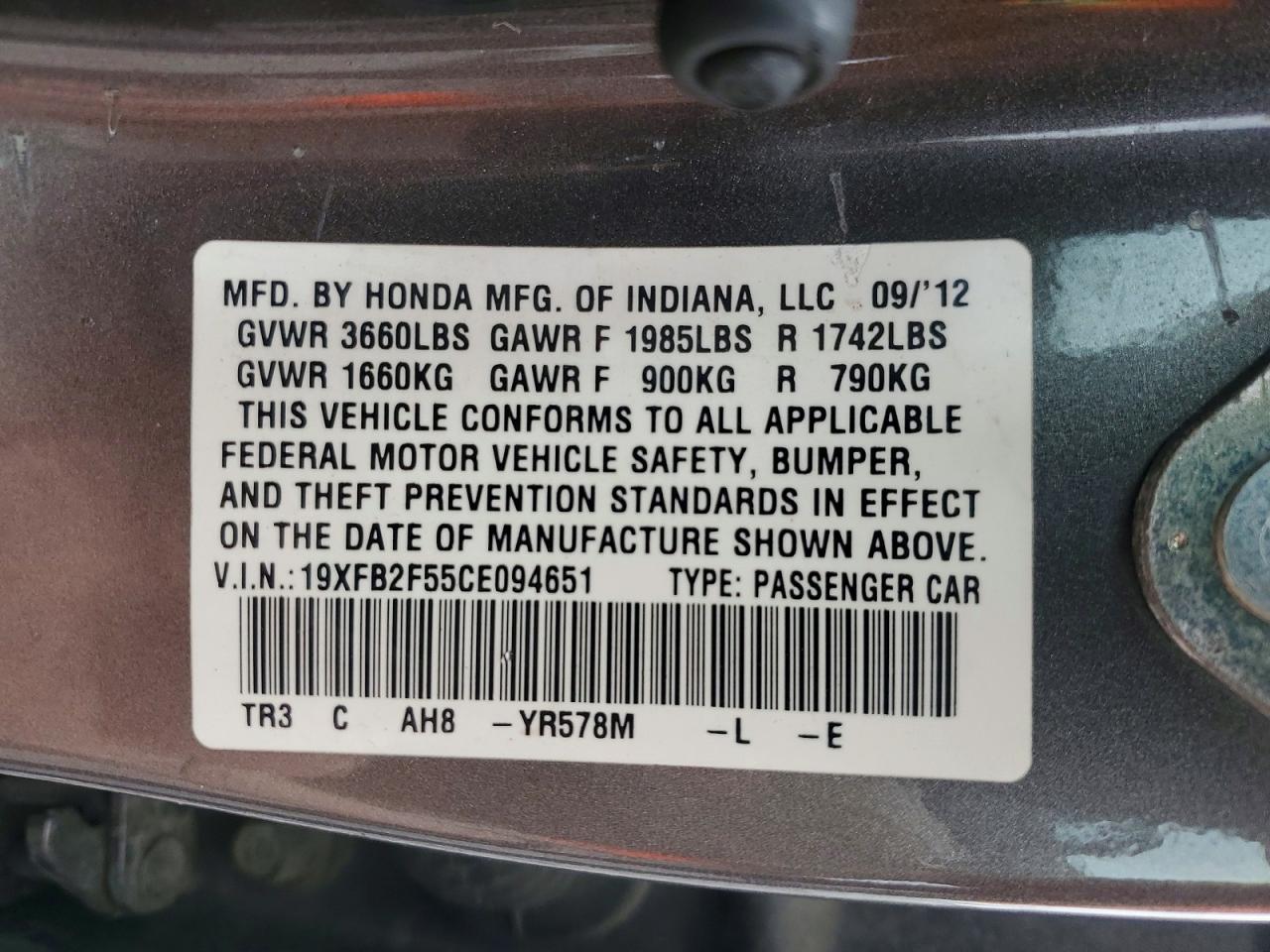 2012 HONDA CIVIC LX photo 12