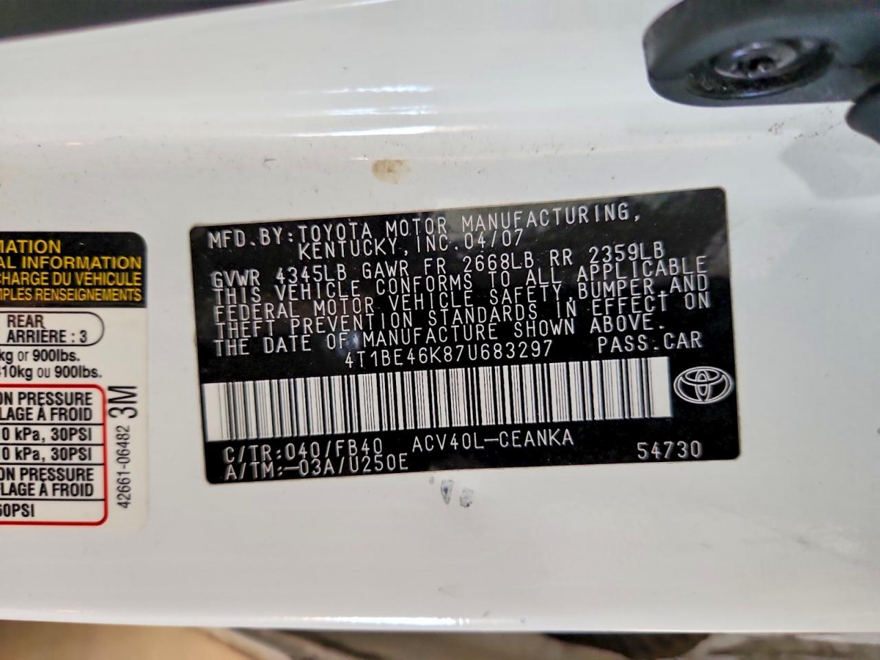 2007 TOYOTA CAMRY LE photo 12