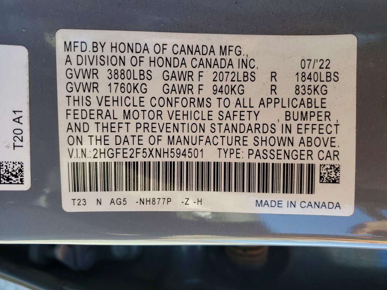 2022 HONDA CIVIC SPORT photo 12