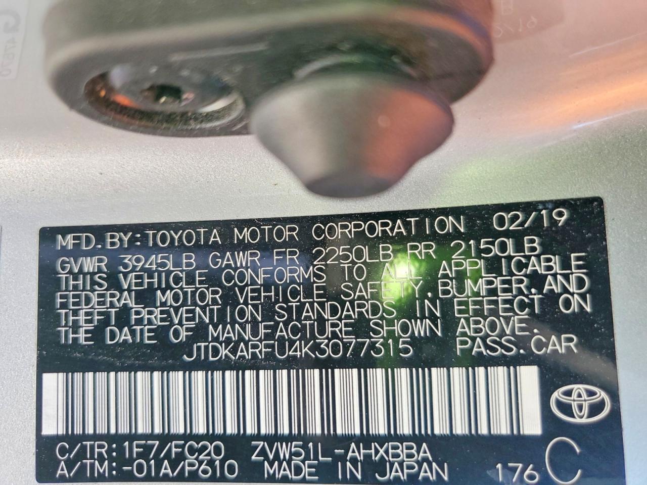 2019 TOYOTA PRIUS L ECO photo 12