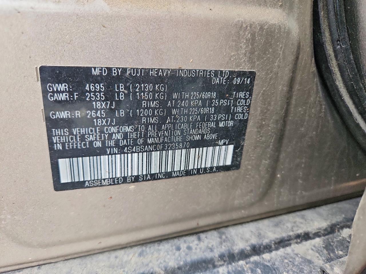 2015 SUBARU OUTBACK 2.5I LIMITED photo 14