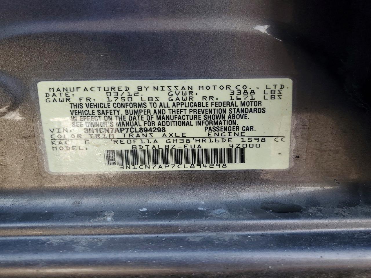 2012 NISSAN VERSA 1.6 S photo 12