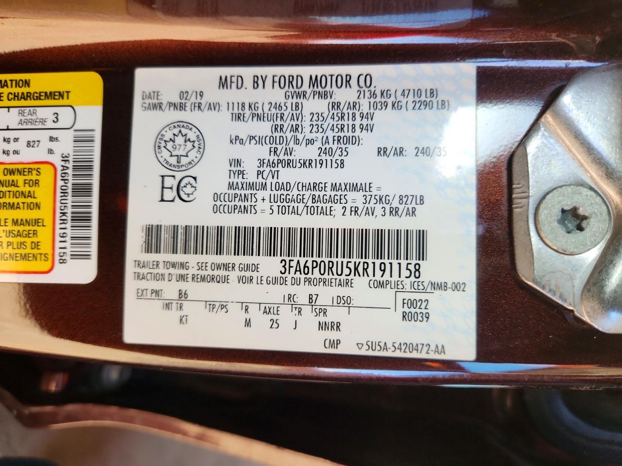 2019 FORD FUSION TITANIUM photo 12