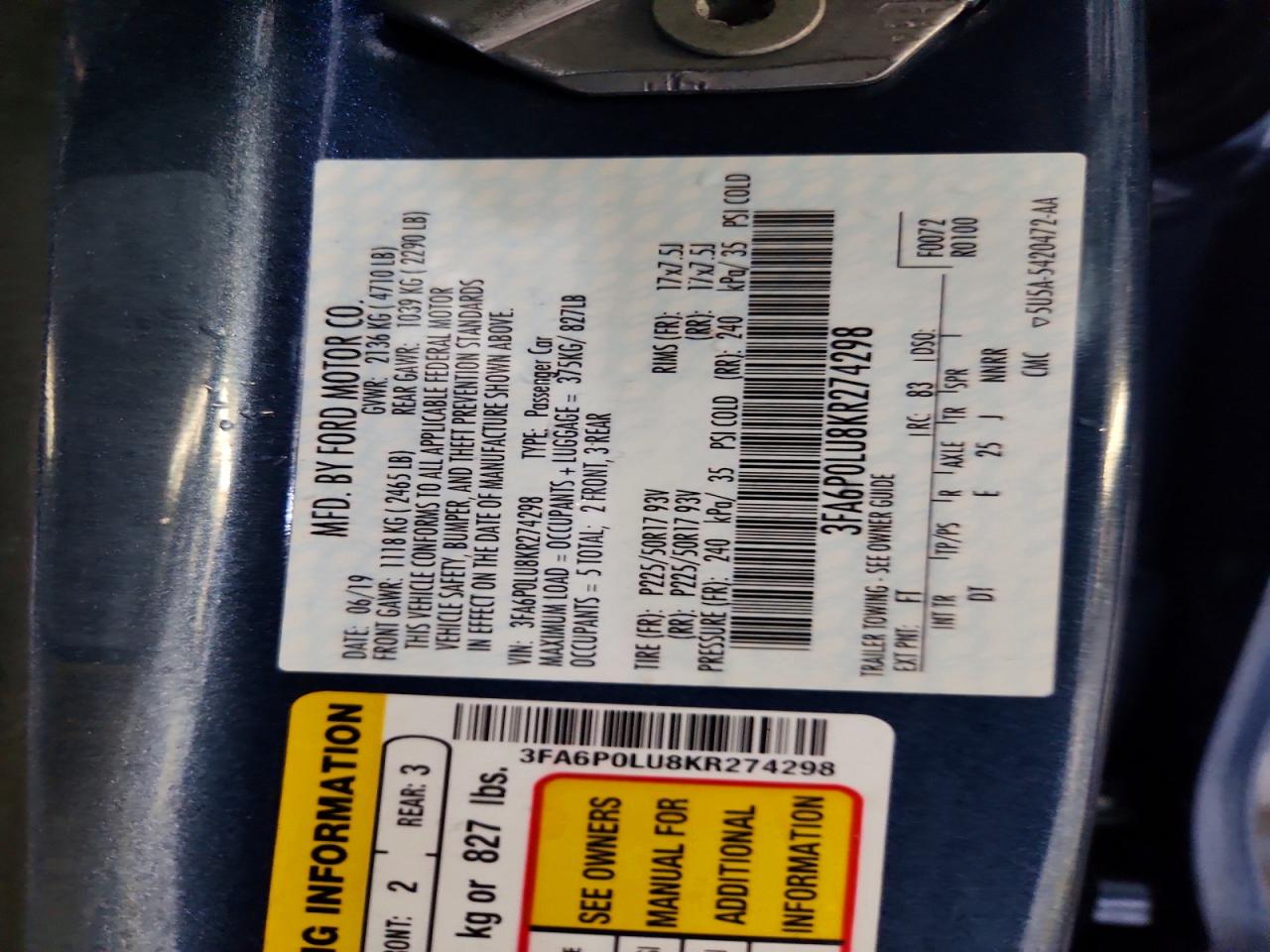 2019 FORD FUSION SE photo 12