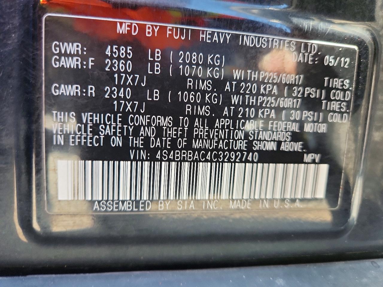 2012 SUBARU OUTBACK 2.5I photo 14