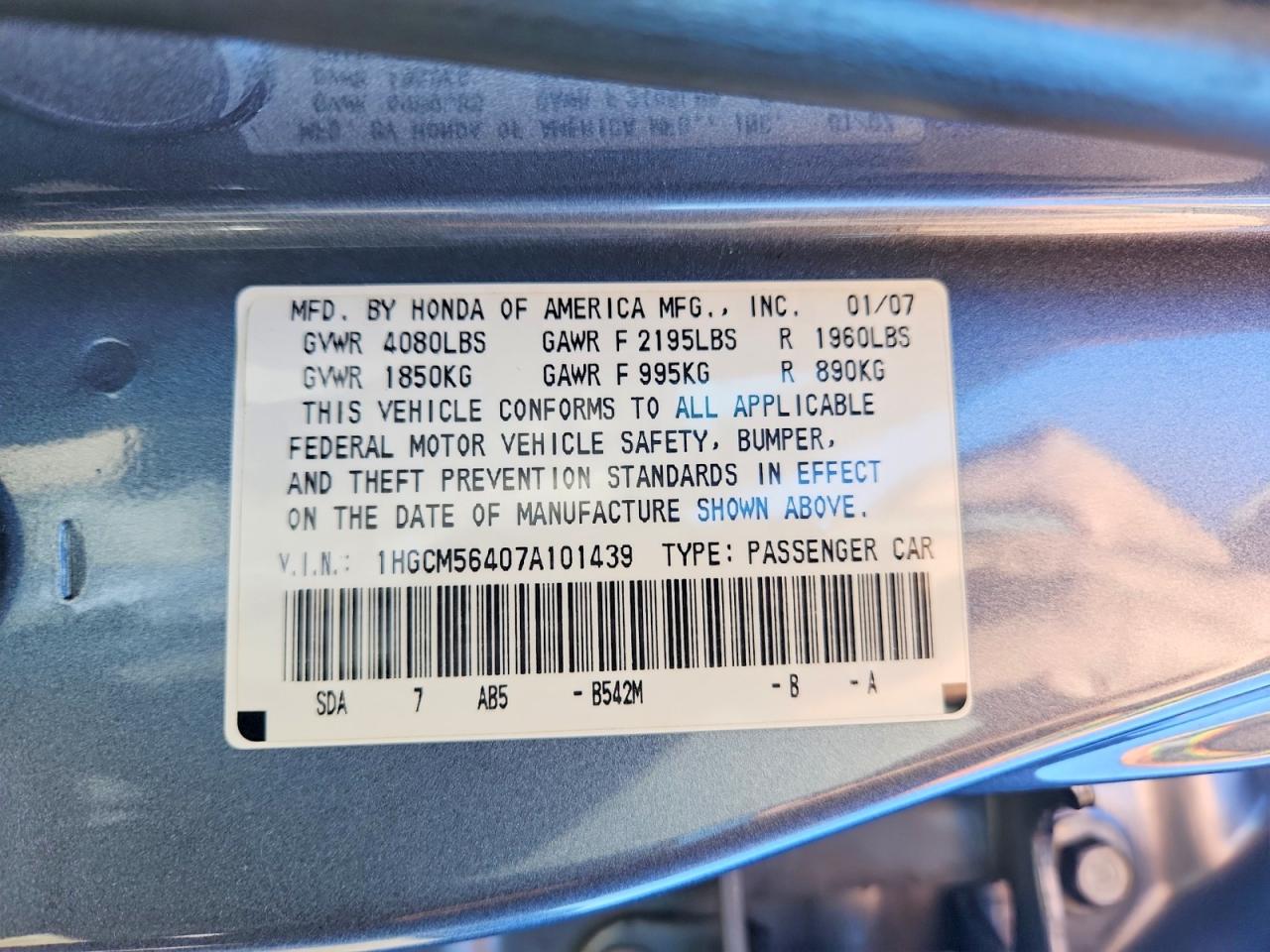 2007 HONDA ACCORD LX photo 23