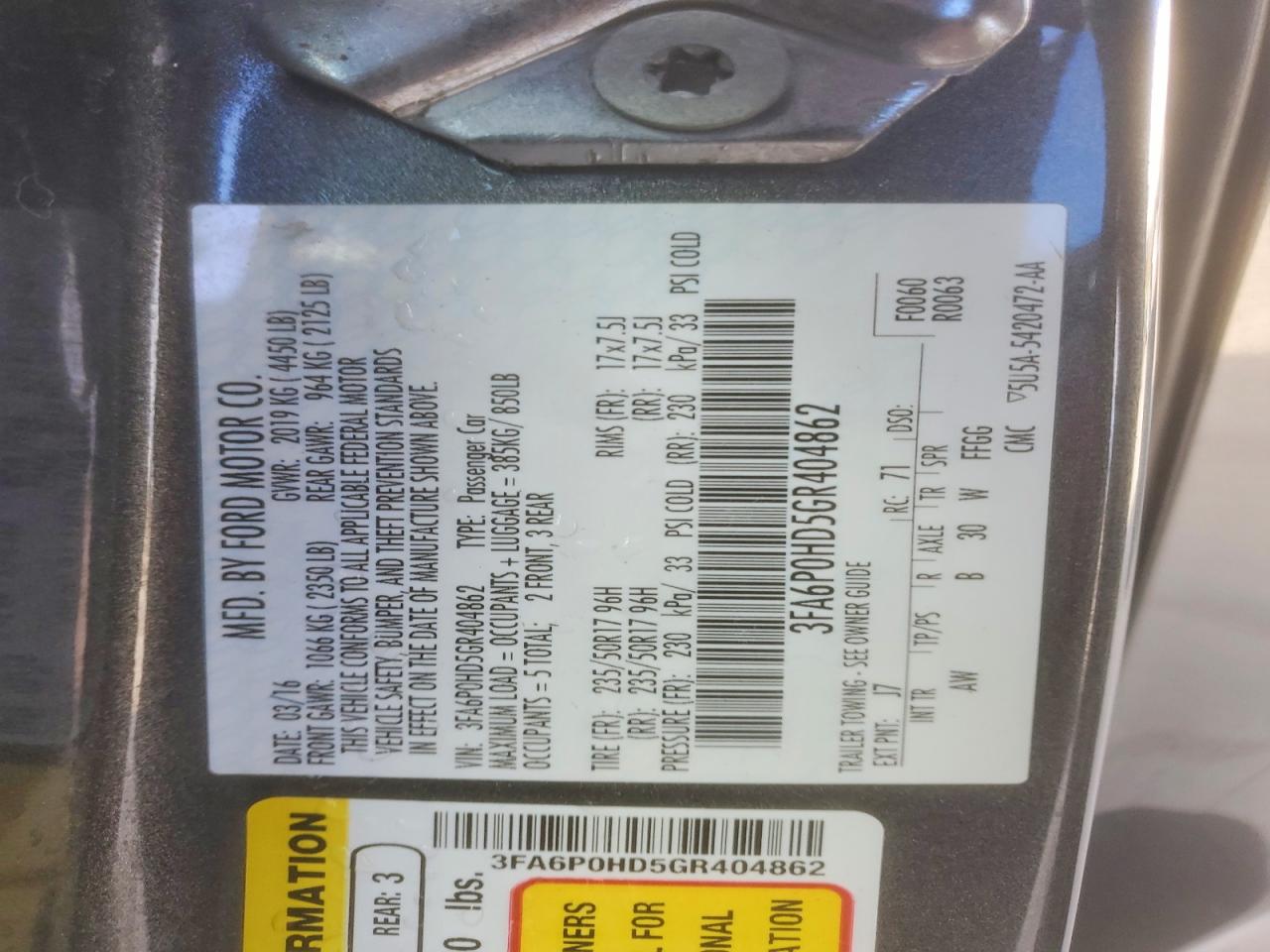 2016 FORD FUSION SE photo 13