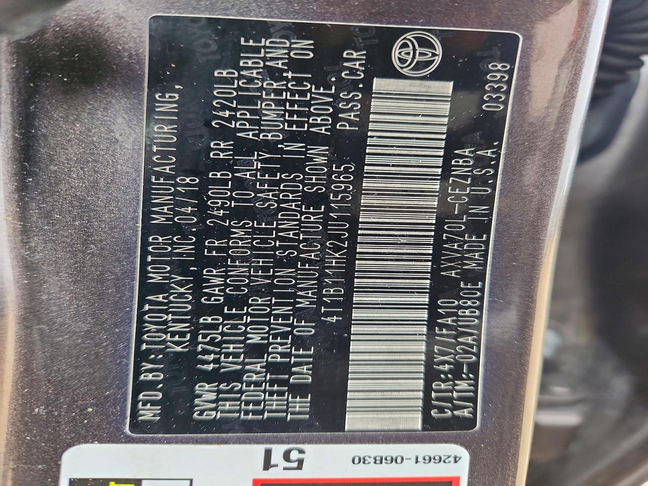 2018 TOYOTA CAMRY LE photo 13