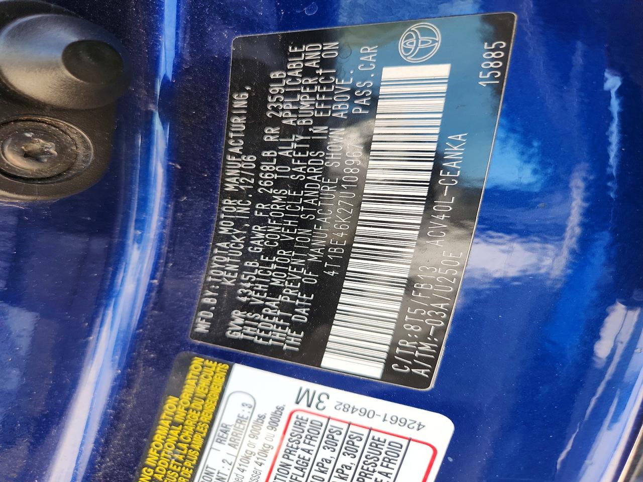2007 TOYOTA CAMRY LE photo 25