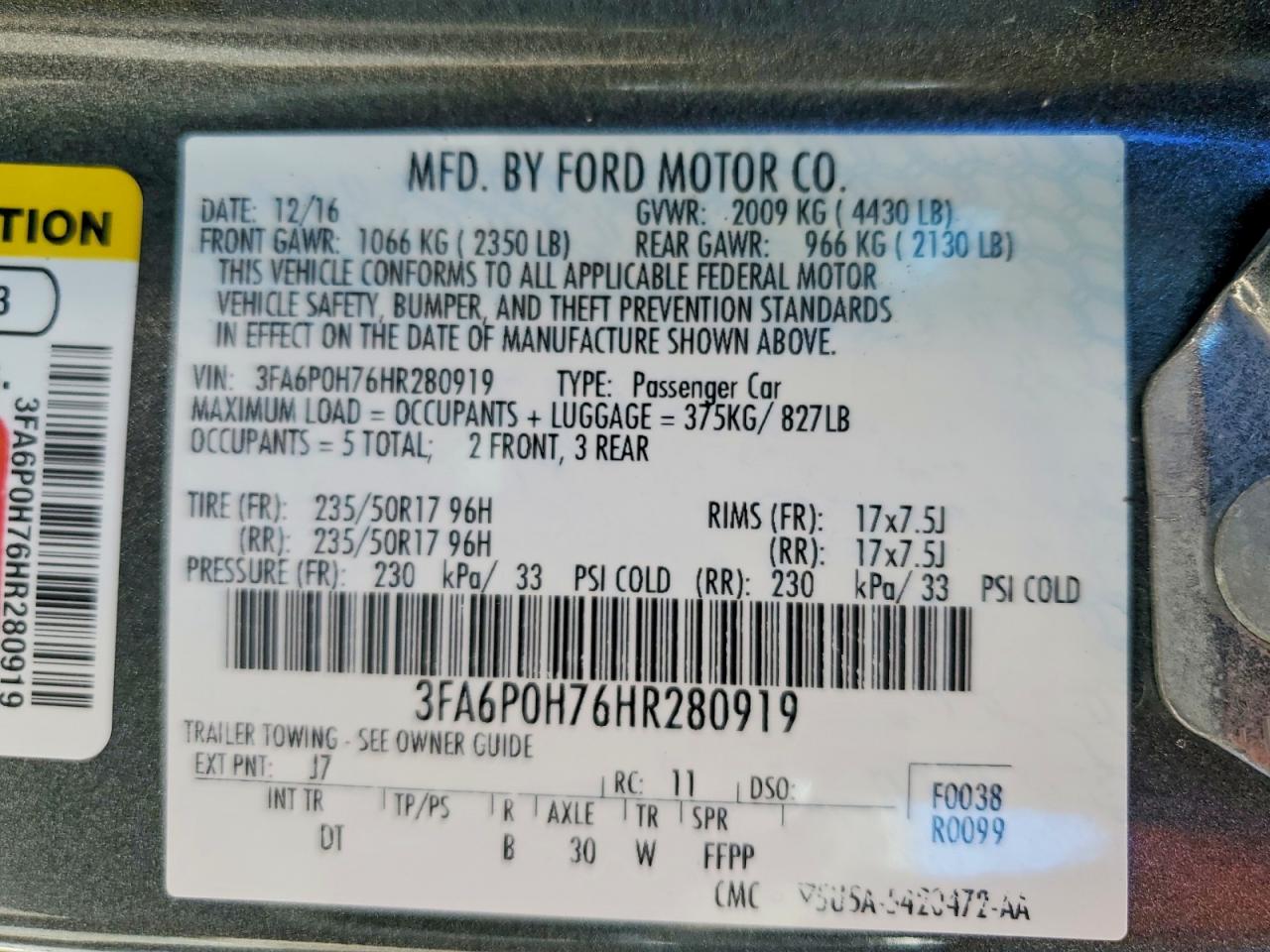 2017 FORD FUSION SE photo 34