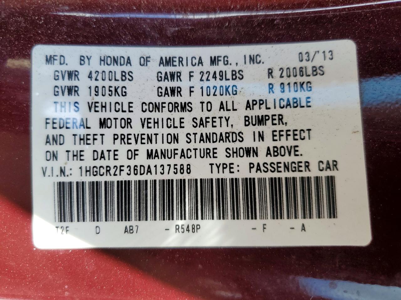 2013 HONDA ACCORD LX photo 13