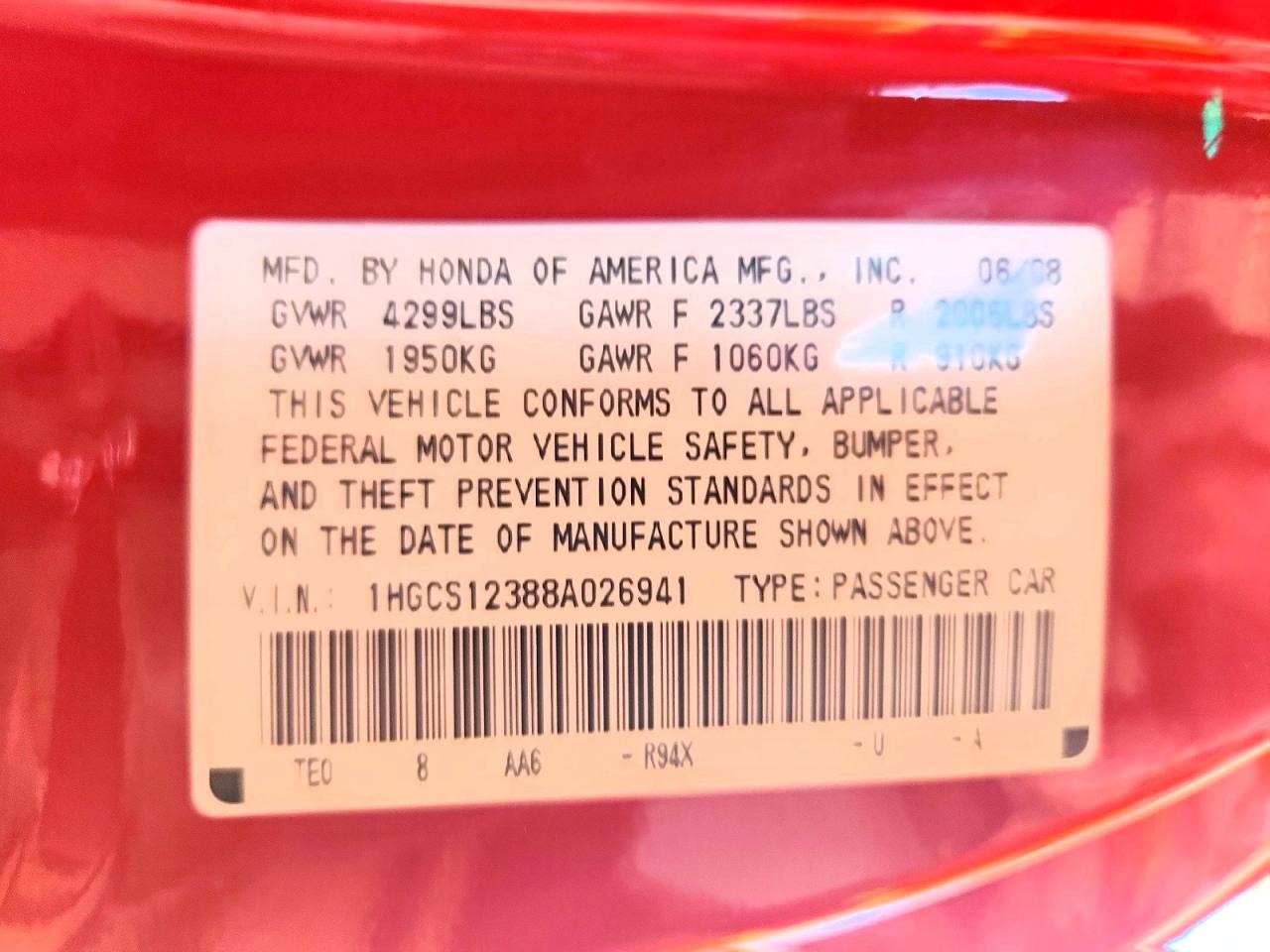 2008 HONDA ACCORD LX-S photo 12