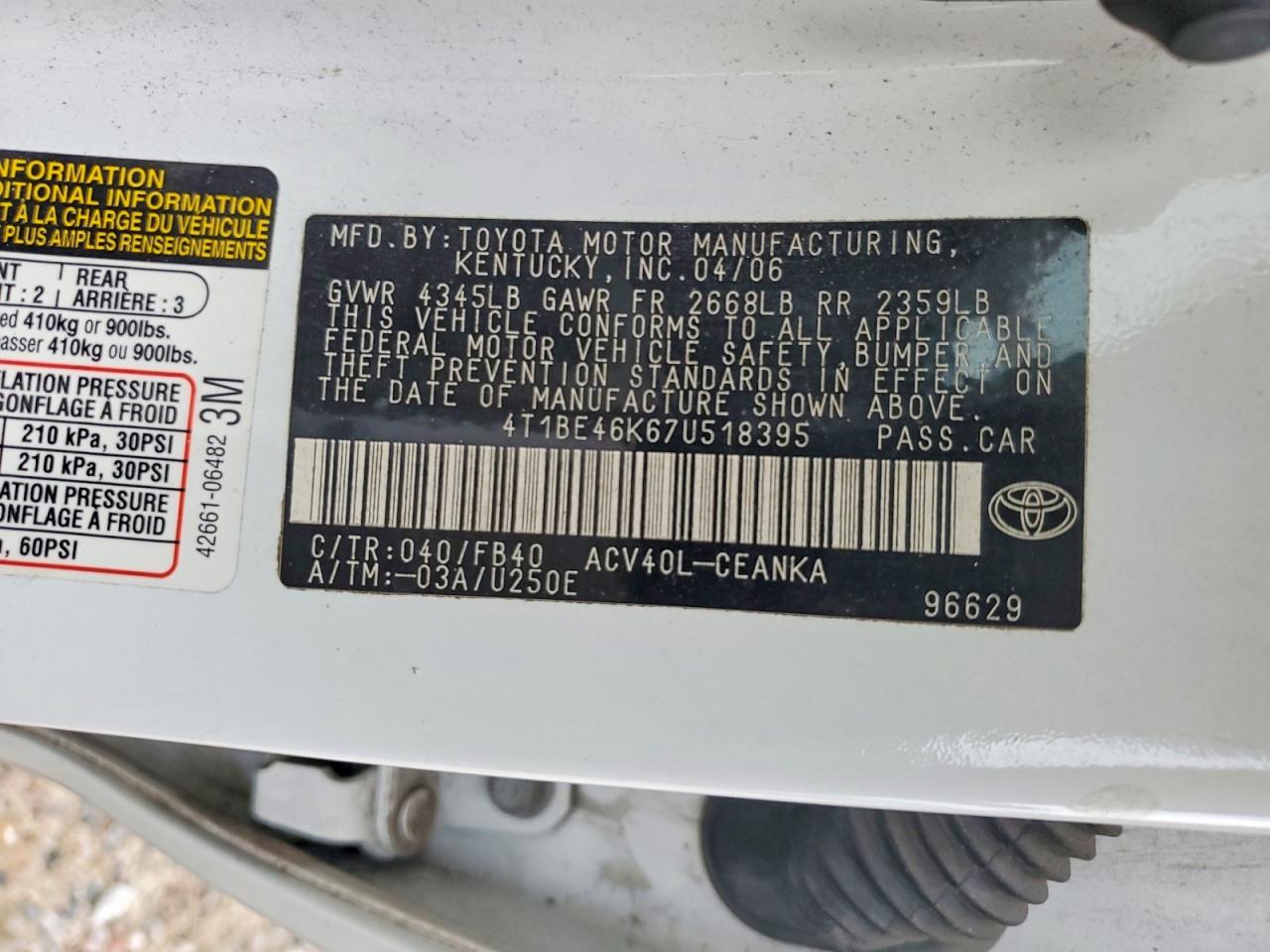 2007 TOYOTA CAMRY LE photo 12