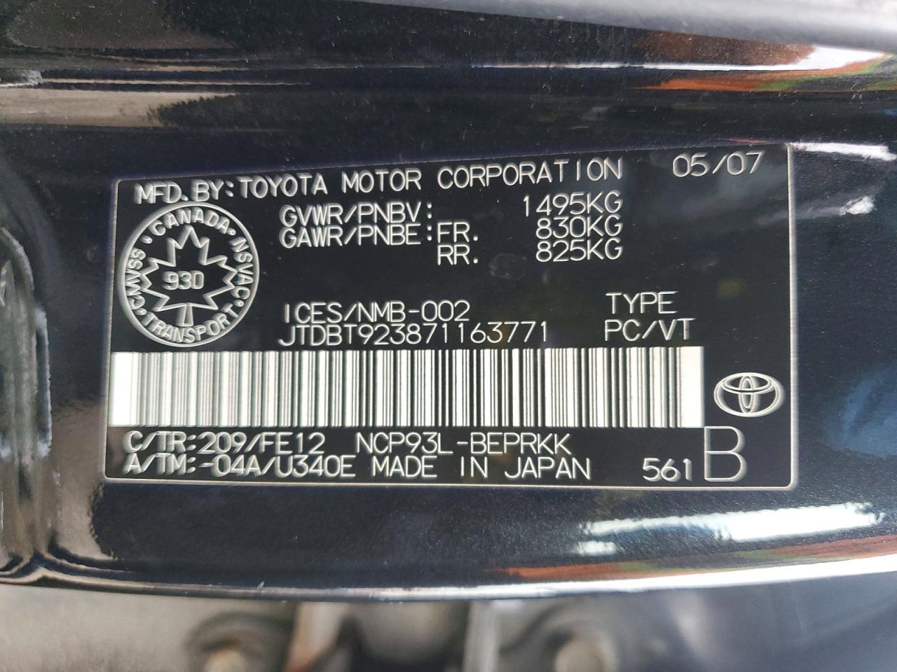 2007 TOYOTA YARIS BASE photo 12