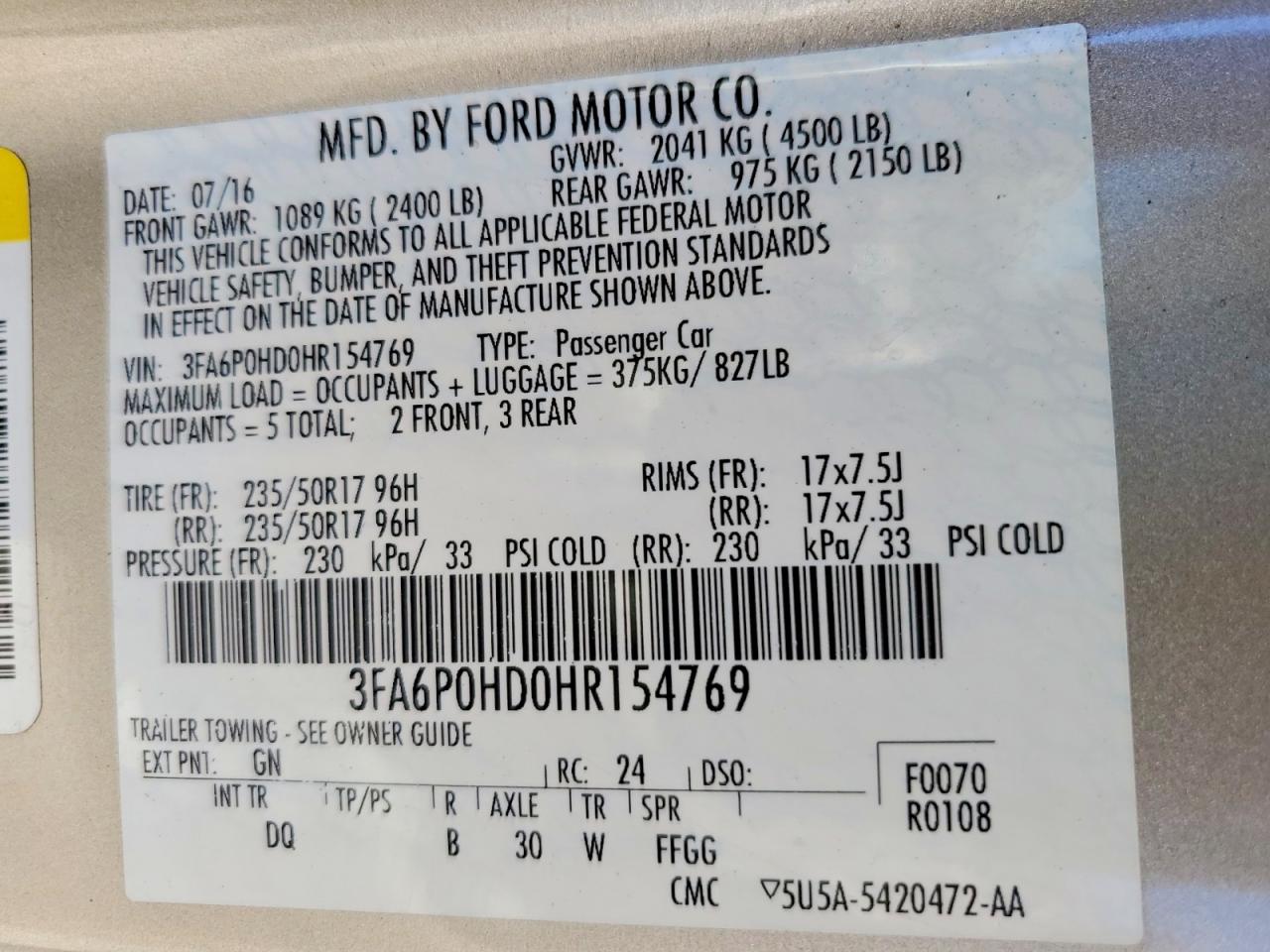 2017 FORD FUSION SE photo 12