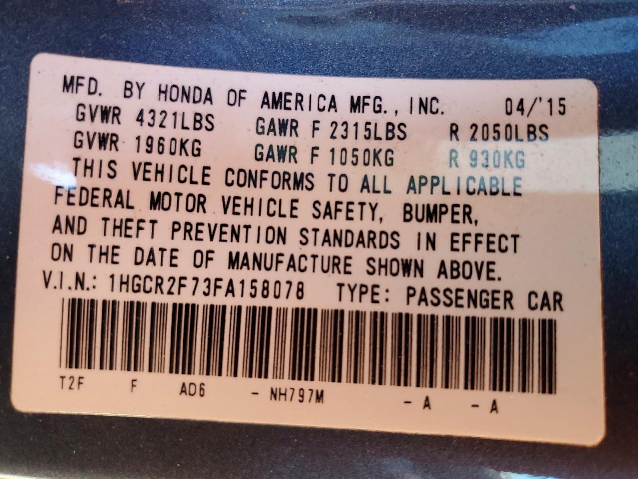 2015 HONDA ACCORD EX photo 12