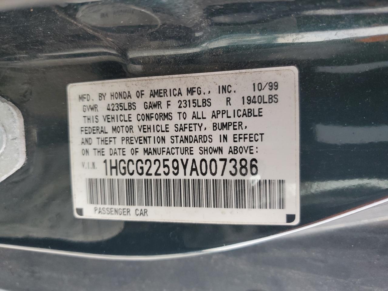 2000 HONDA ACCORD EX photo 12