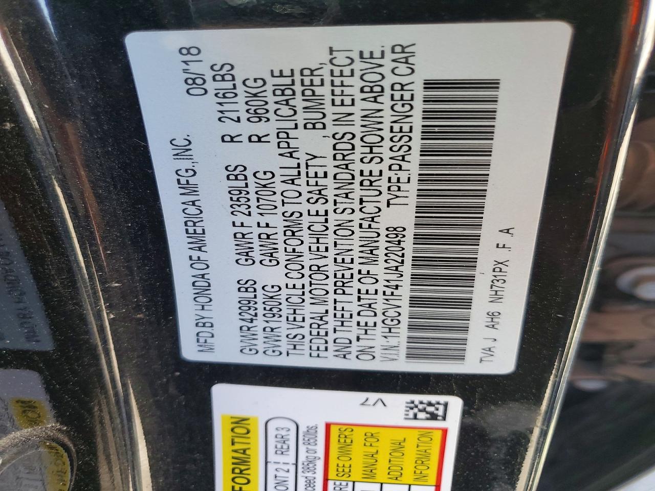 2018 HONDA ACCORD EX photo 23