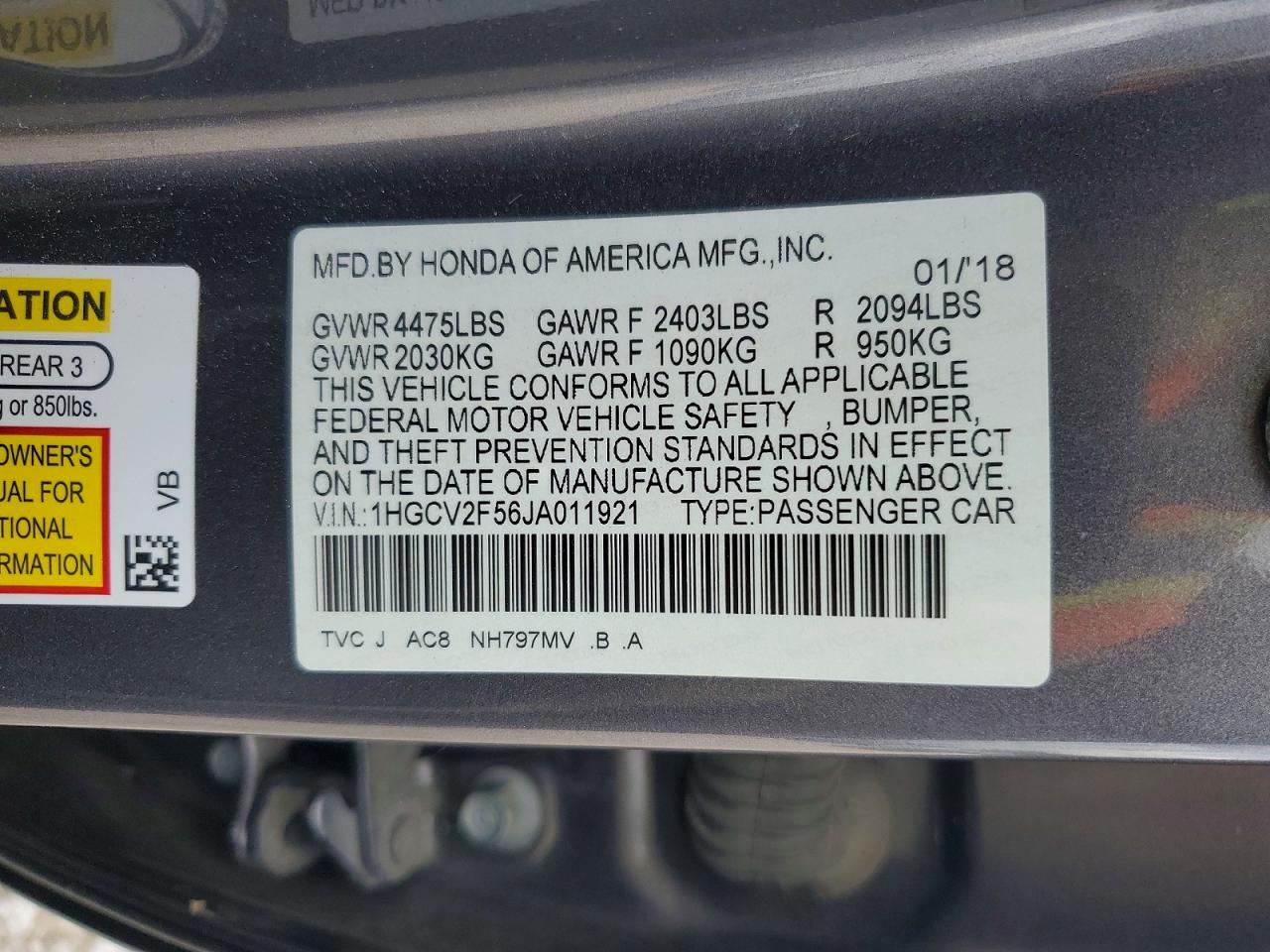 2018 HONDA ACCORD EXL photo 12