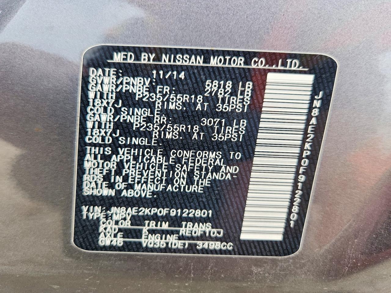 2015 NISSAN QUEST 3.5 SL photo 14