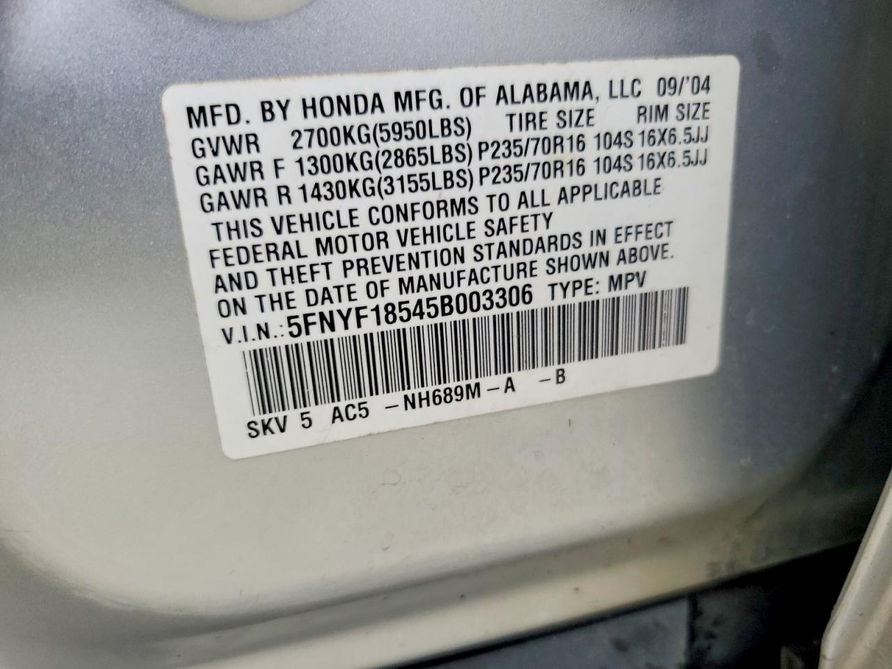 2005 HONDA PILOT EXL photo 13