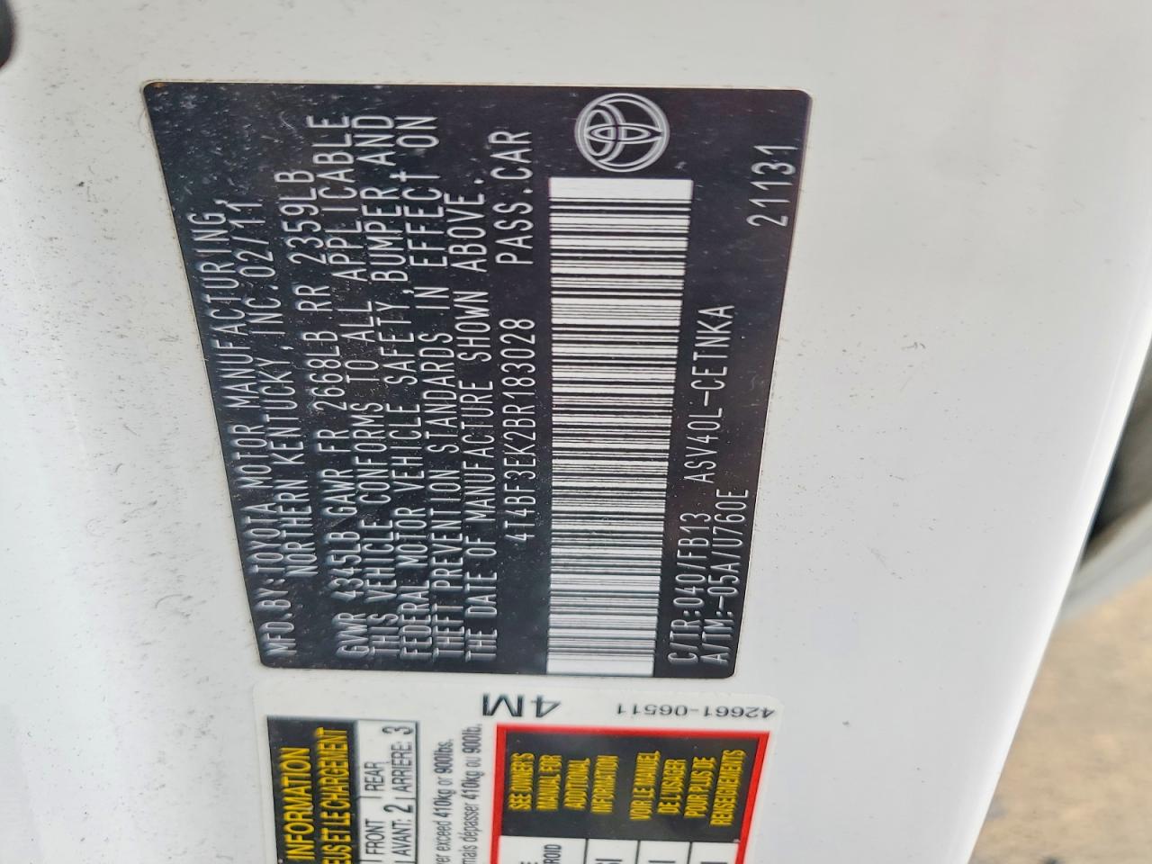 2011 TOYOTA CAMRY LE photo 34
